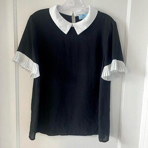 CeCe Black & White Peter Pan Collar Blouse Pleated Ruffle Sleeves Wednesdaycore